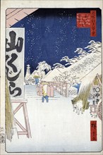Bikuni Bridge in the Snow (One Hundred Famous Views of Edo), 1856-1858.  Creator: Hiroshige, Utagawa (1797-1858).