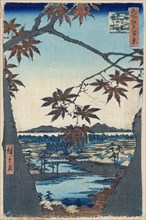 Maple Leaves and the Tekona Shrine and Bridge at Mama, 1856-1858.  Creator: Hiroshige, Utagawa (1797-1858).