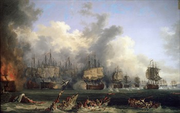 The Sinking of the Russian Battleship St. Evstafius in the naval Battle of Chesma, 1771.  Creator: Hackert, Jacob Philipp (1737-1807).