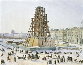 The Alexander Column in scaffolds, 1833.  Creator: Gagarin, Grigori Grigorievich (1810-1893).