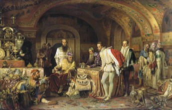 Ivan IV of Russia demonstrates his treasures to the ambassador of Queen Elizabeth I of England, 1875 Creator: Litovchenko, Alexander Dmitrievich (1835-1890).