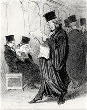 Lawyer Chabotard while reading in a legal journal a eulogy on himself, 1846.  Creator: Daumier, Honoré (1808-1879).