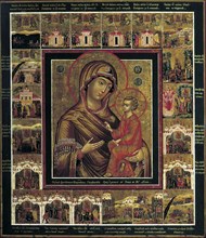 The Virgin of Tikhvin with Border Scenes, first quarter of 19th century. Creator: Russian icon.
