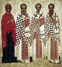 Paraskeva Pyatnitsa, Gregory the Theologian, John Chrysostom and Basil the Great, early 15th century Creator: Russian icon.