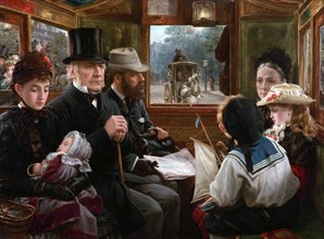 An Omnibus ride to Piccadilly Circus (Mr Gladstone travelling with ordinary passengers), 1885.  Creator: Morgan, Alfred (1862-1904).