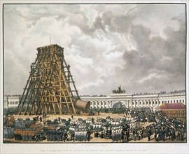 Raising of the Alexander Column in Saint Petersburg, 1836.  Creator: Bichebois, Louis-Pierre-Alphonse (1801-1850).