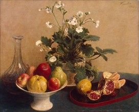 Flowers, Dish with Fruit and Carafe', 1865. Creator: Fantin-Latour, Henri (1836-1904).