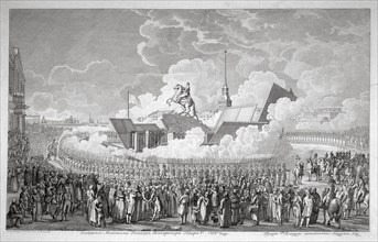 Opening of the equestrian statue of Peter the Great on Senate Square St. Petersburg in 1782, early 1 Creator: Melnikov, Alexey Kupriyanovich (19th century).