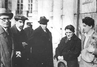 Michail Fainsilberg, Valentin Kataev, Mikhail Bulgakov, Yury Olesha and Iosif Utkin at the Funeral of Vladimir Mayakovsky, 1930.