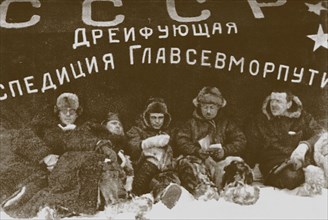 Ivan Papanin, Ernst Krenkel, Evgeny Fedorov and Petr Shirshov at the expedition North Pole-1, 1938.