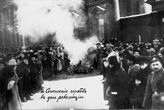 Burning Romanov Coats of Arms in Petrograd. May 1, 1917, 1917.