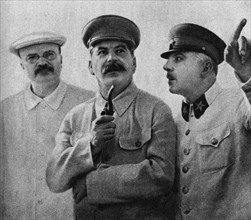 Vyacheslav Molotov, Joseph Stalin and Kliment Voroshilov on the Central Aerodrome, June 25, 1937, 1937.