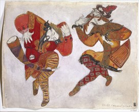 The skomorokhs. Costume design for the opera Prince Igor by A. Borodin, 1914. Artist: Roerich, Nicholas (1874-1947)