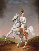 Portrait of Franz Joseph I of Austria on horseback, 1855. Artist: König, Lilly (1799-?)