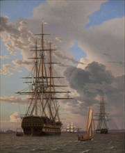 The Russian Ship of the Line Azov and a Frigate at Anchor in the Roads of Elsinore, 1828. Artist: Eckersberg, Christoffer-Wilhelm (1783-1853)
