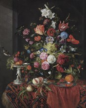 Flowers in a glass vase on a draped table, with a silver tazza, fruit, insects and birds. Artist: Heem, Jan Davidsz. de (1606-1684)