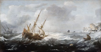 Ships in a Storm on a Rocky Coast, 1614-1618. Artist: Porcellis, Jan (1582/5-1632)