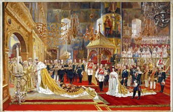 Coronation of Empreror Alexander III and Empress Maria Fyodorovna, 1883-1888. Artist: Becker, Georges (1845-1909)