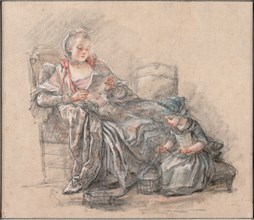 Woman Reading and a Girl Playing (Marquise de Pompadour with her daughter Alexandrine), ca 1748. Artist: Guérin, François (1751-1791)