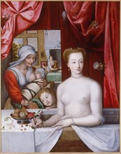 Gabrielle d?Estrées in the bath, c. 1598. Artist: Master of the School of Fontainebleau (2nd third of 16th cen.)