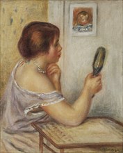 Marie Dupuis tenant un miroir avec un portrait de Coco. Artist: Renoir, Pierre Auguste (1841-1919)