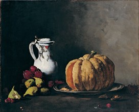 Still Life with Pumpkin, Plums, Cherries, Figs and Jug, ca 1860. Artist: Ribot, Théodule Augustin (1823-1891)