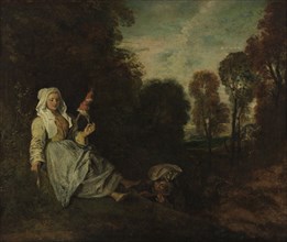 Evening Landscape with Spinner, ca 1715. Artist: Watteau, Jean Antoine (1684-1721)