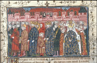 The coronation of Philippe II Auguste in the presence of Henry II of England (From the Chroniques de France ou de St Denis), after 1380. Artist: Anonymous