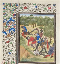 Fight in a wood between Christians and Saracens. Miniature from the Historia by William of Tyre, 1460s. Artist: Anonymous