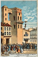 Lenormand jumps from the tower of the Montpellier observatory, 1783, 19th century. Artist: Anonymous