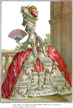 French court dress with wide panniers, 1778. Artist: Desrais, Claude Louis (1746-1816)