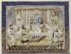 Caesar Augustus, his wife and son at table (From: Jean Hayton, Fleur des histoires de la terre d'Orient), c.1410. Artist: Master of Berry Apocalypse (active 1400-1415)