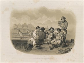 Builders on a boat (From: The Construction of the Saint Isaac's Cathedral), 1845. Artist: Montferrand, Auguste, de (1786-1858)