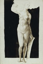 Proportion study of female nude with a shield, 1500. Artist: Dürer, Albrecht (1471-1528)
