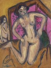 Kneeling Nude in front of Red Screen, ca 1911-1912. Artist: Kirchner, Ernst Ludwig (1880-1938)