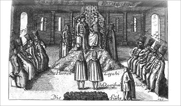 Audience with Ivan V, Peter I and Sophia Alekseyevna (from Georg Adam Schleissing Derer beyden Czaaren in Reussland...), 1693. Artist: Anonymous