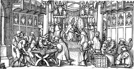 The sale of indulgences (Detail). Artist: Lützelburger, Hans (?-1526)