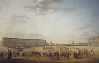 Changing of the Guard at the Palace Square in Saint Petersburg, c. 1800. Artist: Mayr, Johann Georg, von (1760-1816)