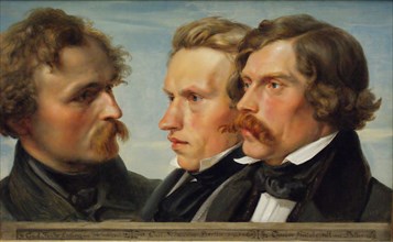 Young Düsseldorf. Group portrait of the painters Karl Friedrich Lessing, Carl Ferdinand Sohn and Theodor Hildebrandt, 1839. Artist: Huebner, Julius (1806-1882)