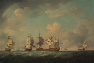 Capture of the French Treasure Ships Marquis d'Antin and Louis Erasmé, Between 1745 and 1755. Artist: Brooking, Charles (1723-1759)