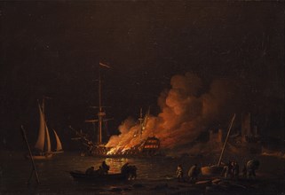 Ship on fire at night, ca 1756. Artist: Brooking, Charles (1723-1759)