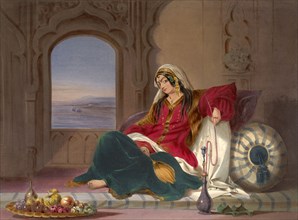 Kandahar Lady of Rank, Engaged in Smoking, 1848. Artist: Carrick, Robert (active Mid of 19th cen.)