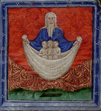 God the Father with three souls, being raised from the dead (Book of Hours), c.1410. Artist: Scheerre, Herman (active c. 1405-1425)