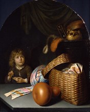 Still Life with a Boy Blowing Soap-bubbles, c. 1635. Artist: Dou, Gerard (Gerrit) (1613-1675)