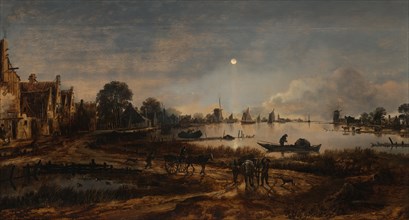 River view by moonlight, c. 1645. Artist: Neer, Aert, van der (1603-1677)