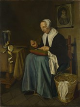 An Old Woman seated sewing, 1655. Artist: Aeck, Johannes van der (1637-1682)
