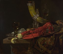 Still Life with the Drinking-Horn of the Saint Sebastian Archers' Guild, Lobster and Glasses, c. 1653. Artist: Kalf, Willem (1619-1693)