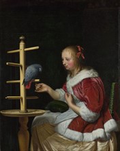 A Woman in a Red Jacket feeding a Parrot, ca 1663. Artist: Mieris, Frans van, the Elder (1635-1681)