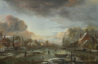 A Frozen River by a Town at Evening, ca 1665. Artist: Neer, Aert, van der (1603-1677)