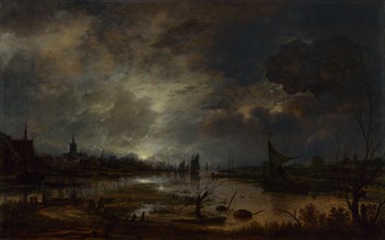 A River near a Town, by Moonlight, c. 1645. Artist: Neer, Aert, van der (1603-1677)